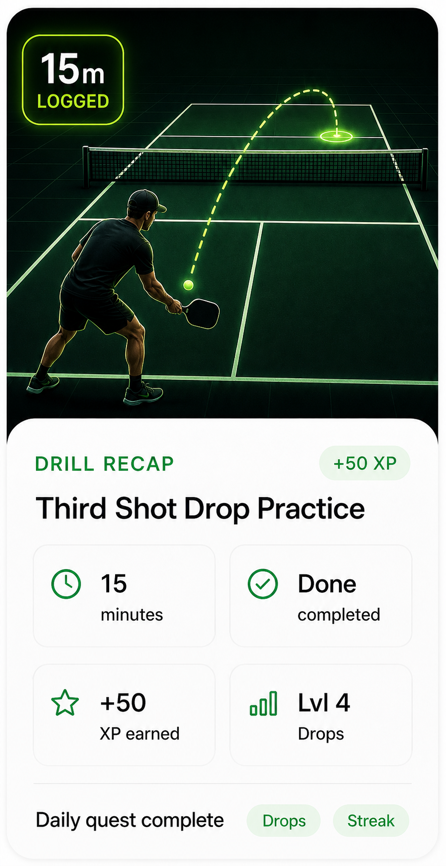 Rocket Pickle Drills recap card for Third Shot Drop Practice with 15 minutes logged and plus 50 XP.